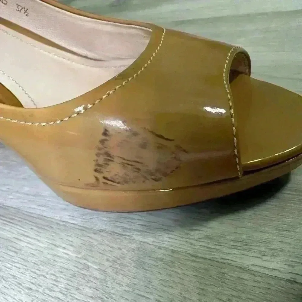 Prada Peep Toe Wedge Espadrille Heels Tan Patent Leather Size 37.5 us 7 - Picture 7 of 12